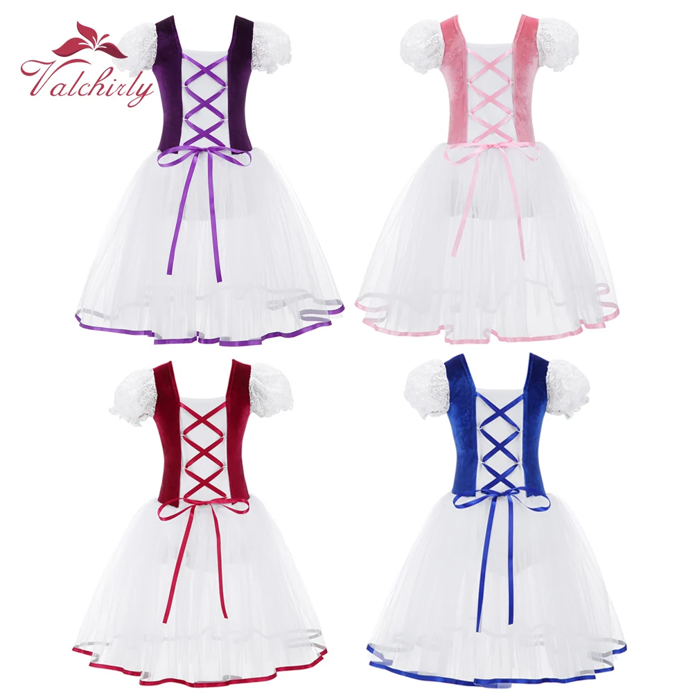 New Professional Girls Ballet Tutu Dress Velvet Body Mesh Skirt Short Puff Sleeves Kids Dance Gymnastics Leotard Costumes