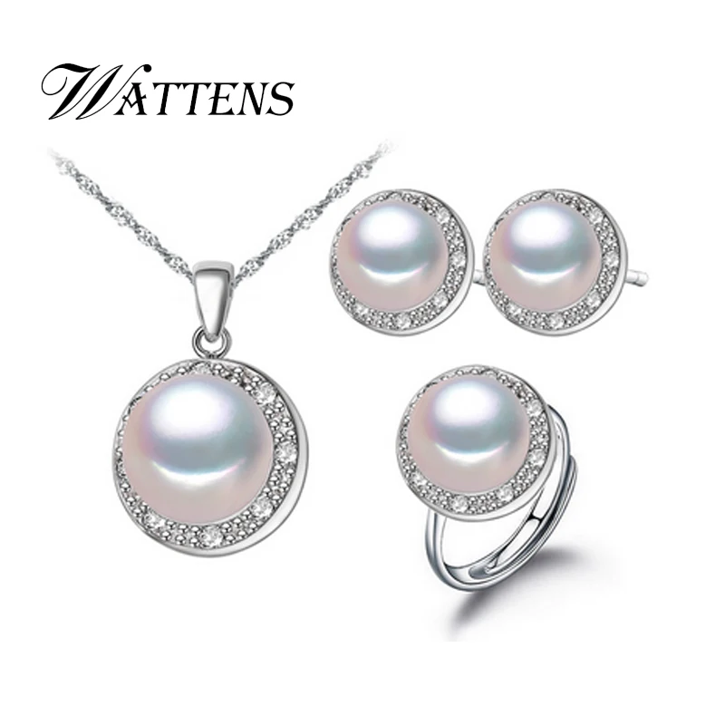 WATTENS New Fashion natural Pearl set, jewelry sets pearl pendant necklace ring earrings for women , wedding party jewelry,Love