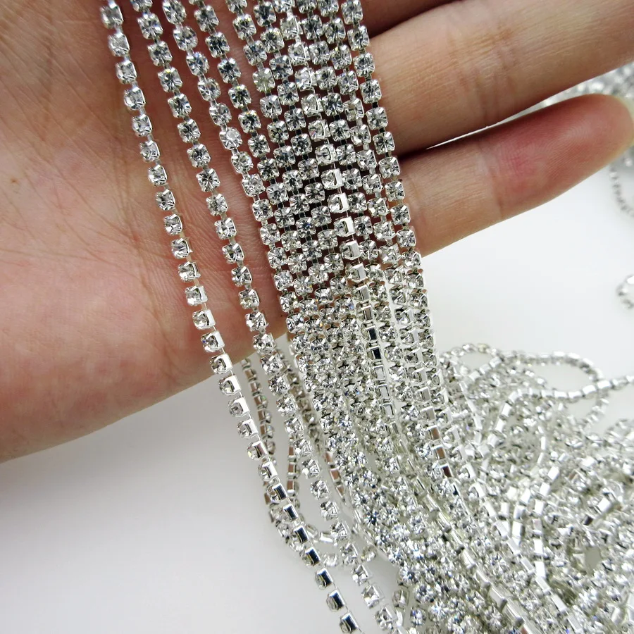 5yards/roll Clear glitter crystal glass 2mm 2.5mm 2.8mm 3mm 4mm Silver Base Close cup rhinestone Chain apparel Sewing ornament