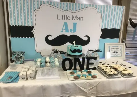 Fondo personalizado para Baby Shower, bigote de hombre pequeño, azul, gris y negro, fondos de cumpleaños con impresión por ordenador de alta calidad