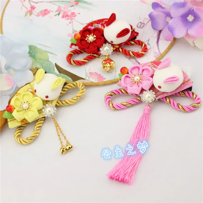 Japanese cherry blossom put feng lovely rabbit hair fringed fan hairpin kimono bathrobe cos accessories