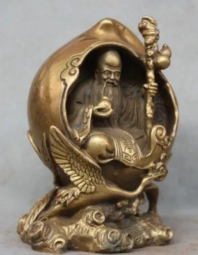 

7 " Exquisite Chinese Fengshui Brass God of longevity Sitting in Big Peach Crane Statue