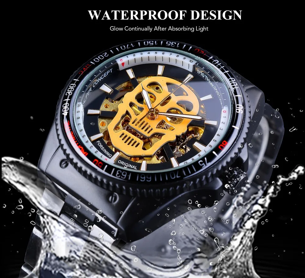 Fashion Forsining Brand Man Steampunk Skull Auto Mechanical Clock Black Full Stainless Steel Skeleton Dial Cool Design Watch