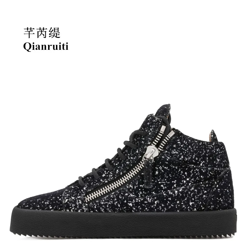 Qianruiti Men Sequins Sneaker Top Zipper Flat Thick Bottom Creepers Lace-up Zapatillas Hombre Shoes for Men EU35-EU47