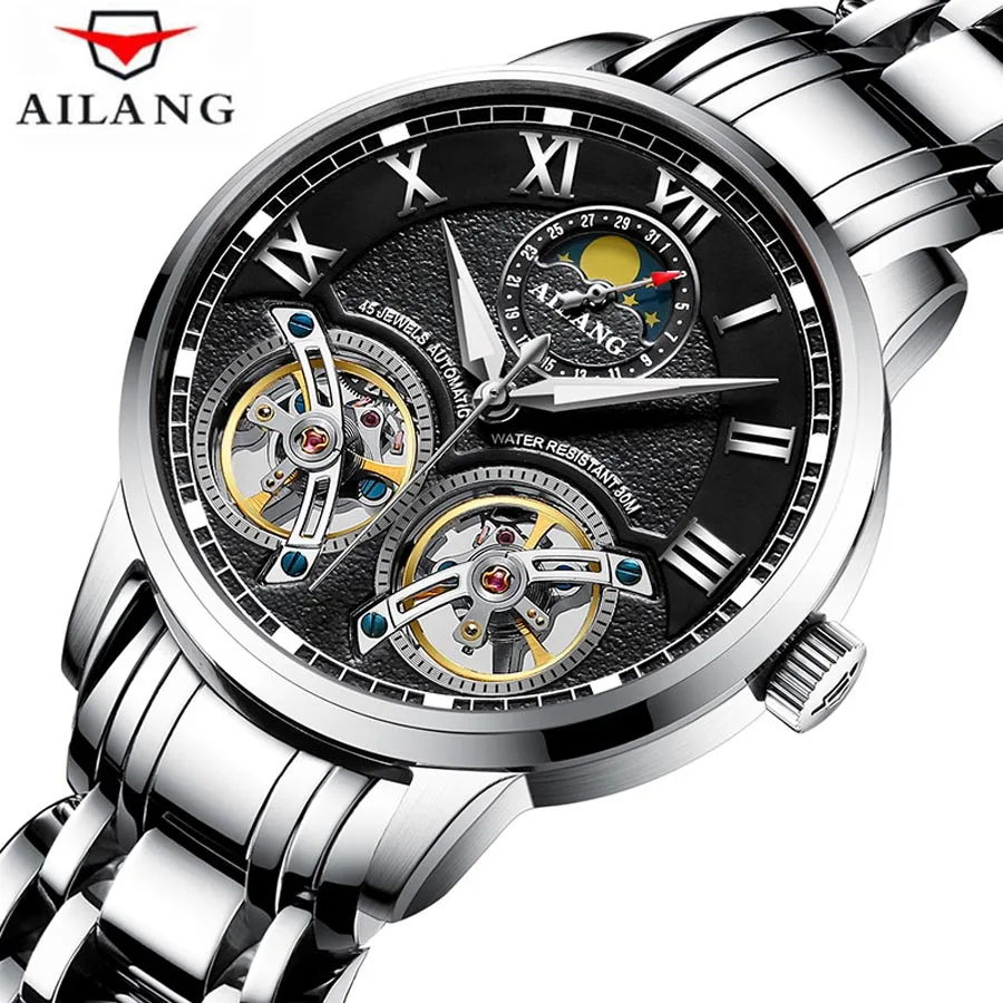 AILANG top luxury brand men\'s automatic watch quality business waterproof expensive double tourbillon mechanical watches fashion