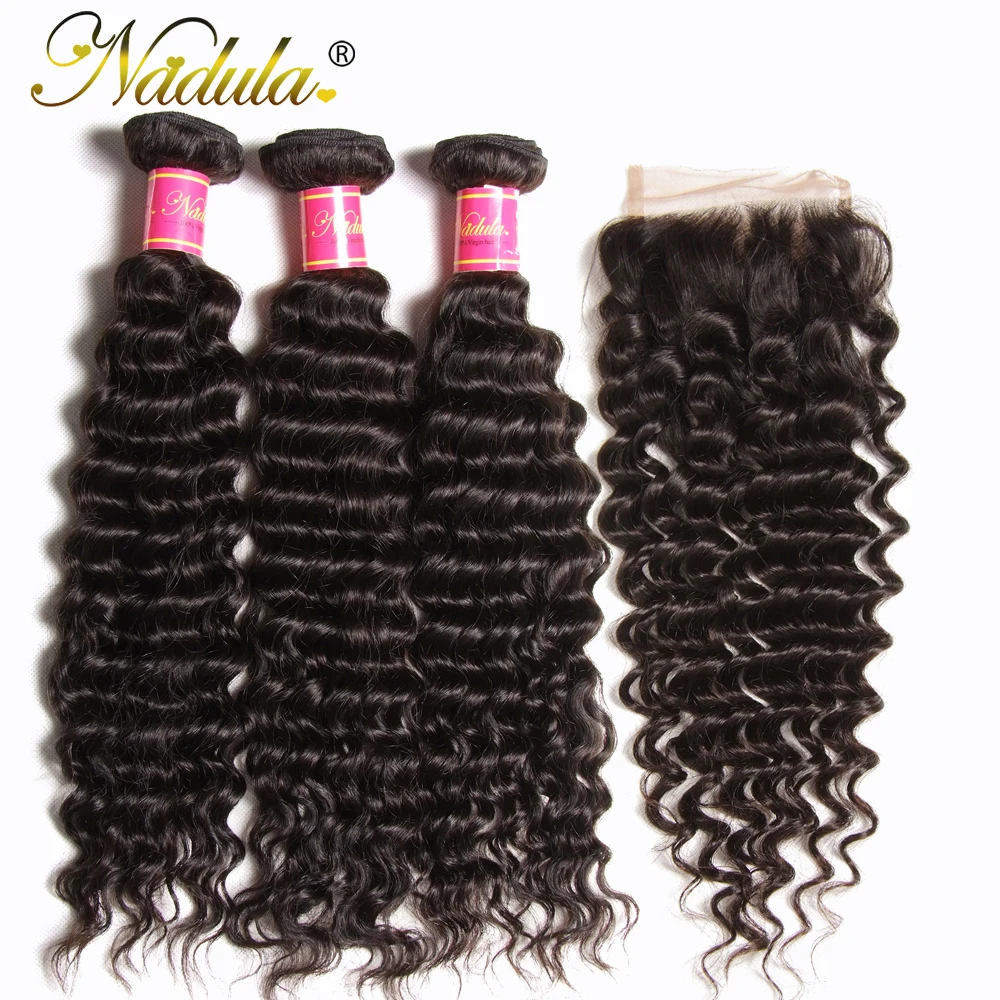 Nadula Hair Malaysian Deep Wave Bundles With Closure 10-28 inch 100% Remy Human Hair Extensions With Lace Closure Natural Color