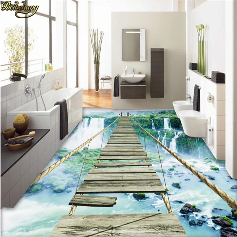 beibehang Custom Photo Wallpaper Floor Paintings Sticky Landscape Waterfall Adventure Rope Wooden Bridge 3D Floor