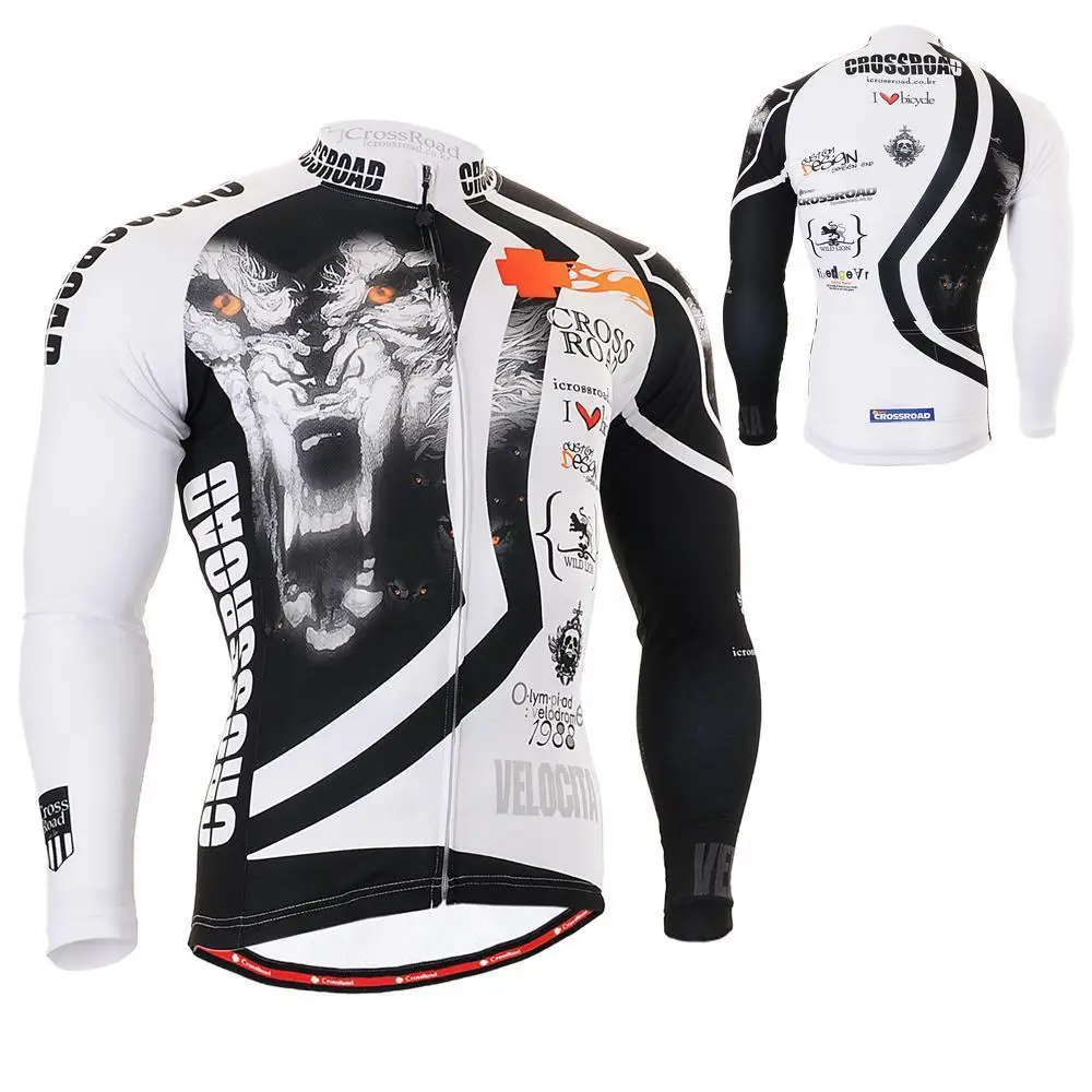 Wolf Cross Technical Graphic Men`s Long Sleeve Cycling Jersey Useful 3 Rear-pockets & Non-Slip Silicone Band Bike Bicycle Gear