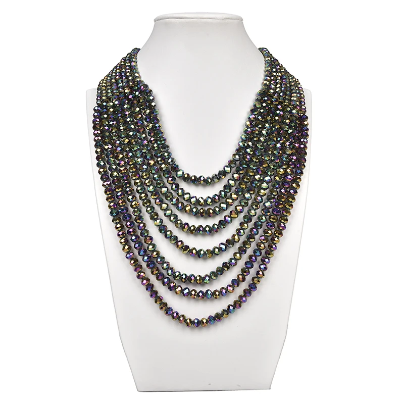 Black beads has a tinted sheen and silver multi-layer round transparent pearl and Glass Crystal gem necklace, mysterious