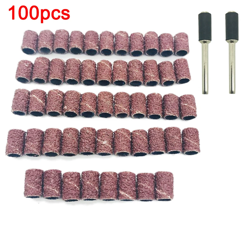 100pcs Sanding Bands Sleeves & 2 Mandrels Grinding Electric Polishing Sandpaper Circle Sand Ting