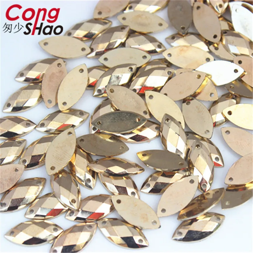 Cong Shao 300 Pz 7*15mm Colore Oro Occhio di Cavallo flatback Acrilico Strass pietre e cristalli cucito 2 Fori costume Pulsante CS225