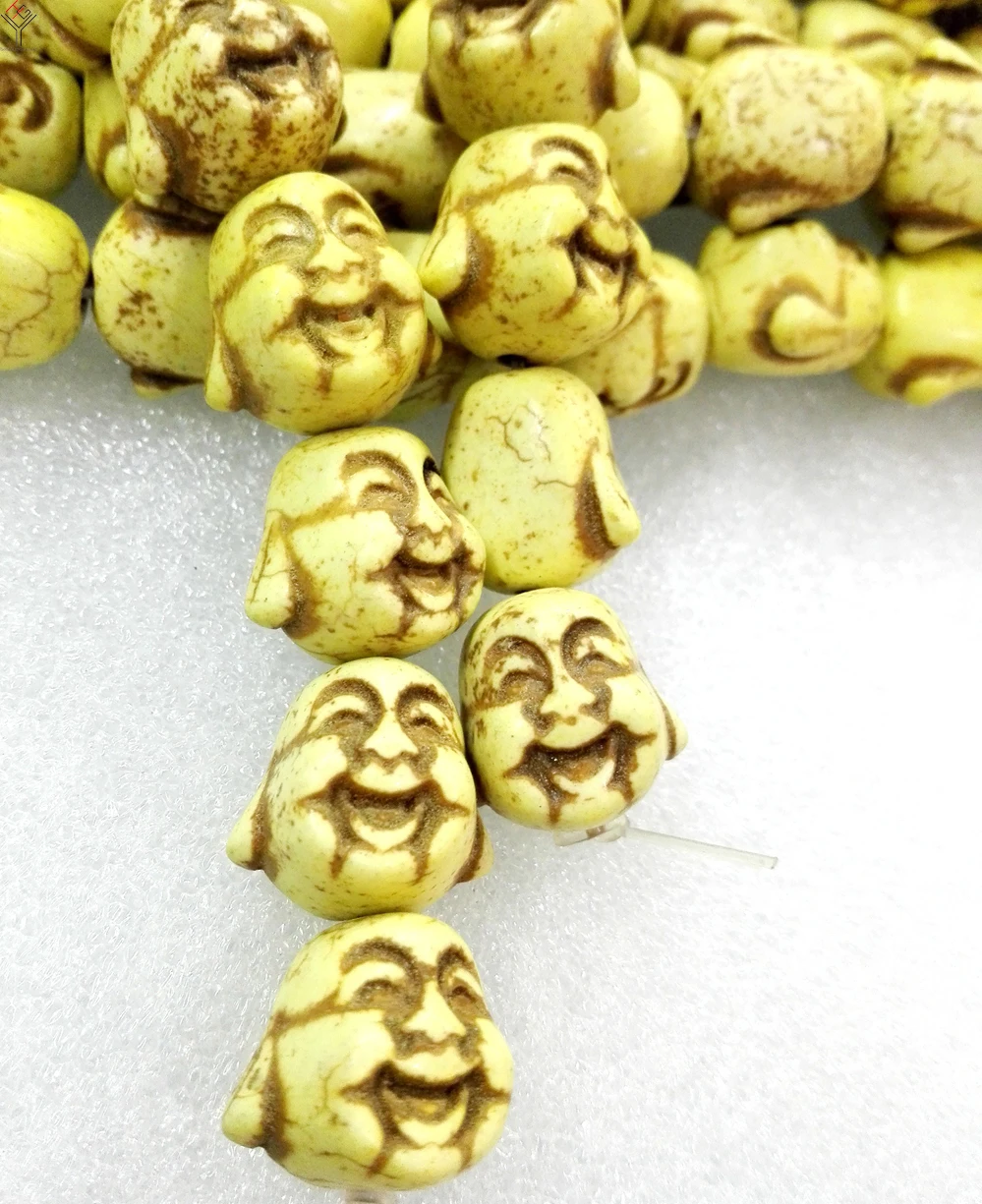 Total 22 pcs beads 15x18mm Round Buddha Head bright yellow howlite stone Loose Bead prayer bead