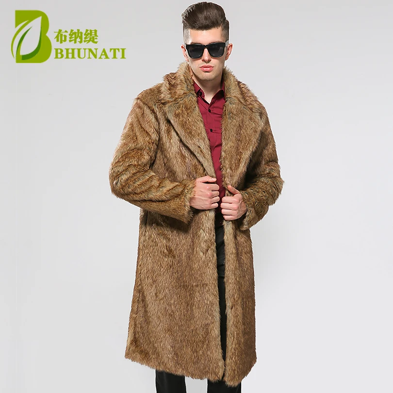 BHUNATI Men Overcoat Faux Fur Coats Turn-down Collar Long Sleeve Black Yellow Fashion Jacket Thick Warmth Long Fur Coat Men