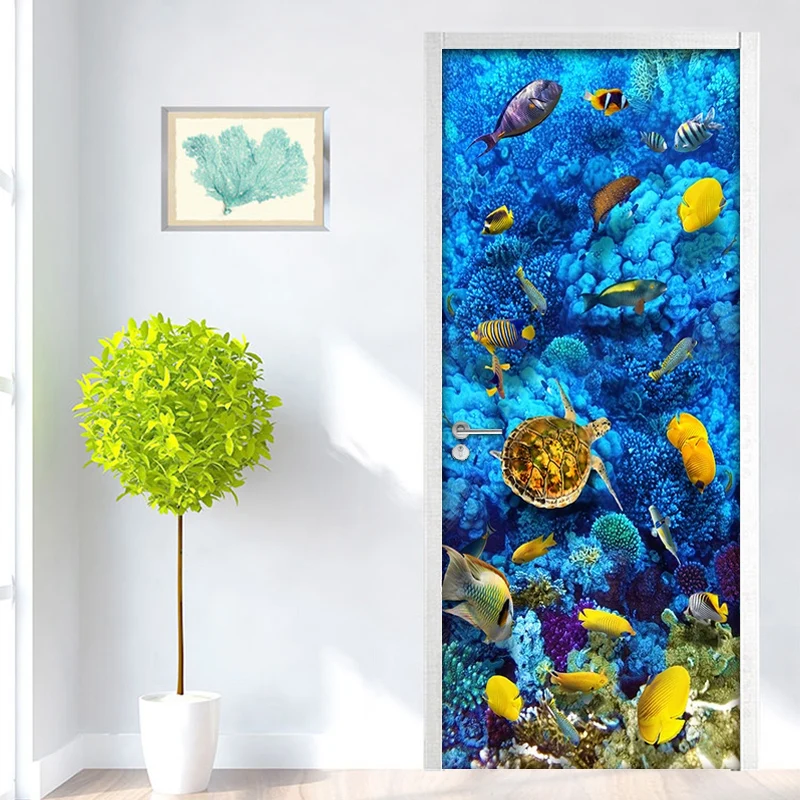 

3D-наклейки из ПВХ для ванной комнаты, водонепроницаемые, с изображением подводного мира, черепах и кораллов, для детской комнаты, самоклеящиеся, для декора дверей, DIY