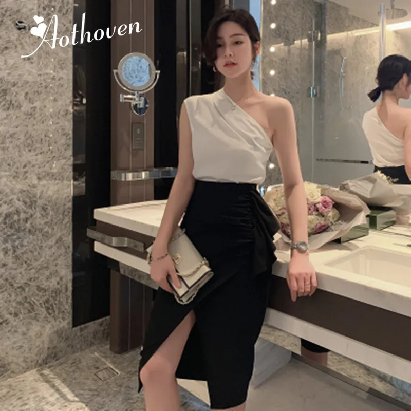 

2 Piece Set Women Suit 2019 One-Shoulder Sleeveless White Shirt Tops and Split Pencil Skirts Crop Top and Skirt Two Piece Set