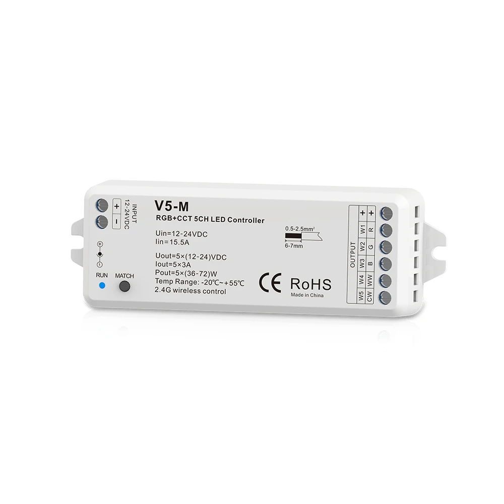 

5 Channel RGB+CCT LED RF Controller 5CH 3A/CH PWM Constant Voltage 12-24VDC