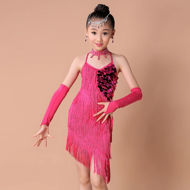 Kids Tasseled Sequins Ballroom Latin Salsa Dancewear Girls Party Dance Costume Dress Samba Chacha Dancing with Shorts