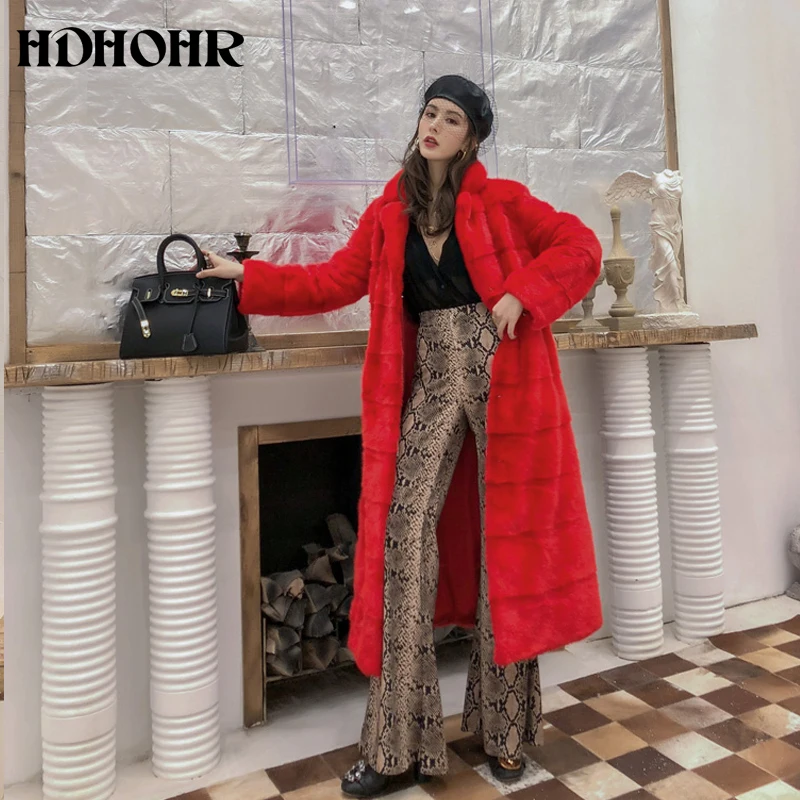 HDHOHR 2024 Real Whole Mink Fur X-Long Coat Factory Direct Sale Winter Slim Warm Female Mink Fur Long Turn-down Collar Jacket