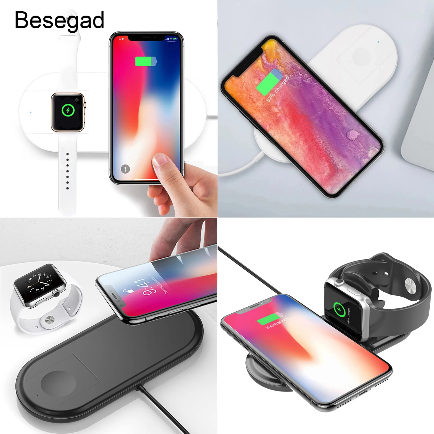 

Besegad 2 in 1 Fast Wireless Charging Pad Stand Station Holder Dock for Apple Watch iPhone 8 X 7 6S Plus Samsung Galaxy S8 Plus