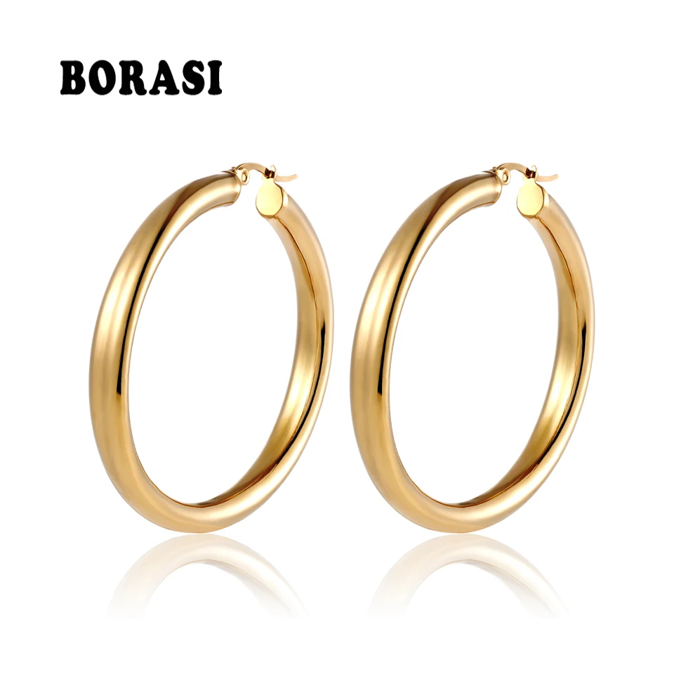 BORASI Classic Large Circle Round Dangle Earrings Gold Color Stainless Steel female Jewelry New Earrings Wedding Gift For Women