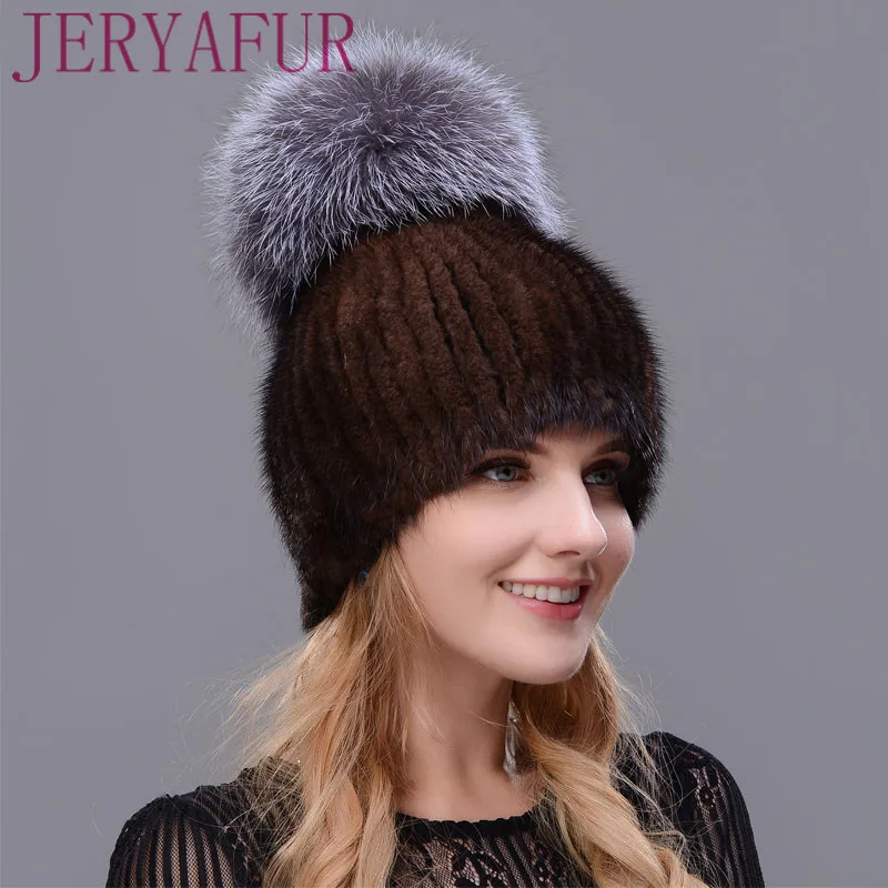 Real Mink Fur Hat For Winter Women Imported Knitted Mink Cap With Fox Fur New Hot Sale High Quality Female Beanies