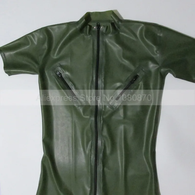 Latex Men Catcuit With Nipple Zips Army Green Natural Rubber Short Legs Clothes Front Zipper Custom Made Jumpsuit S-LCM132