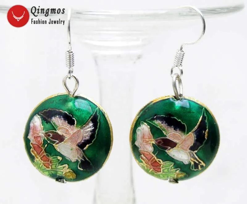 Qingmos 18mm Round Coin Dark Green Cloisonne Earring for Women with Hummingbird Beads Dangle Earring Fine Jewelry ear510