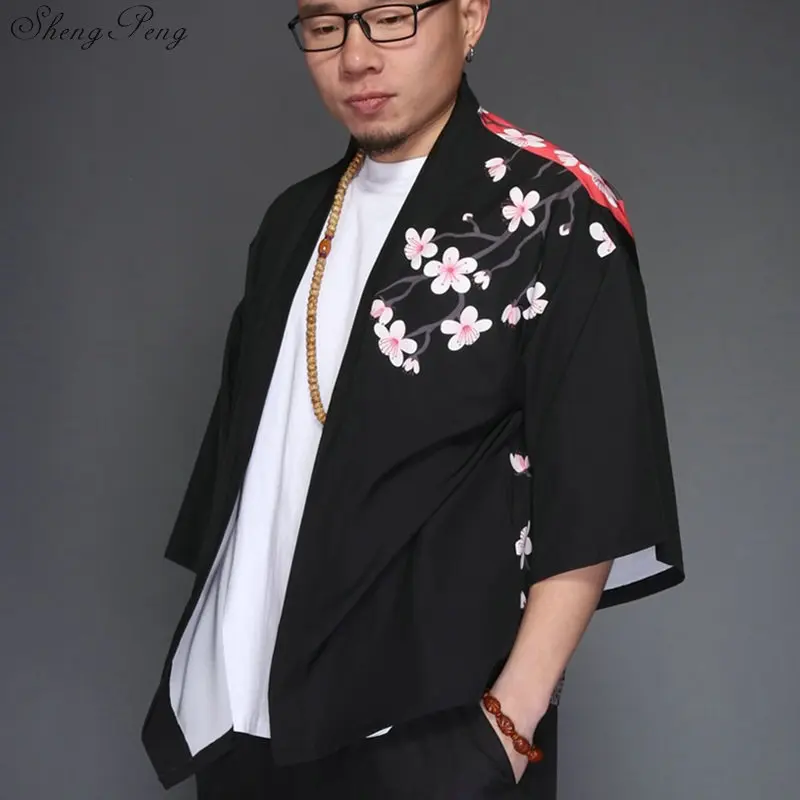 

Japanese kimono yukata kimino haori cardigan men kimino robe for men black print japanese tops Haori Japan clothing Q630