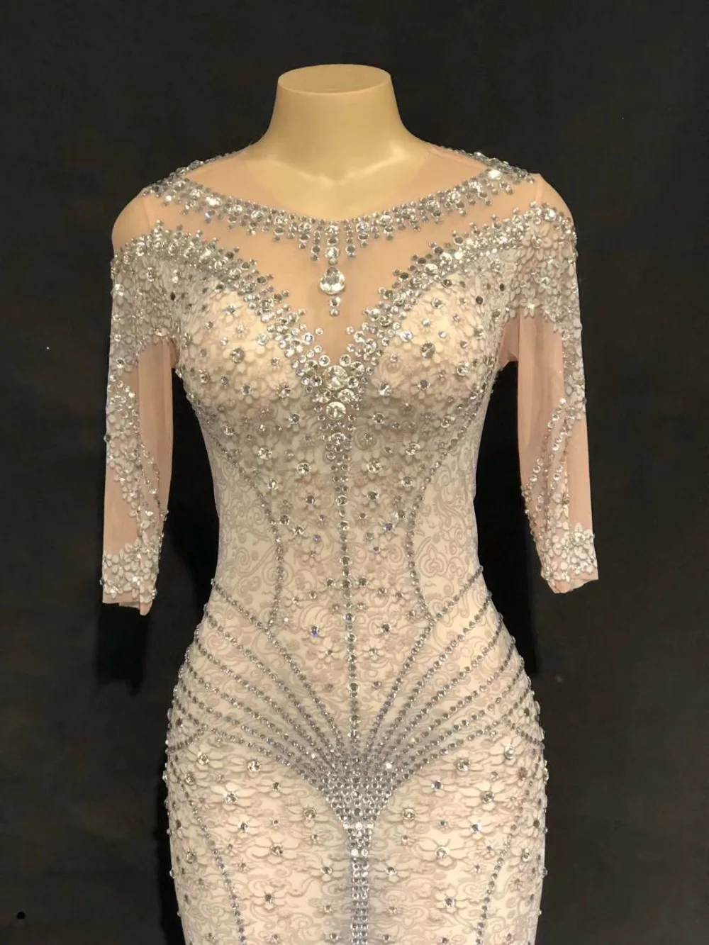 

See Though Rhinestones Long Dress Women's Birthday Party Celebrate Vintage Dress Nightclub Sexy Costume Female Singer Show Dress