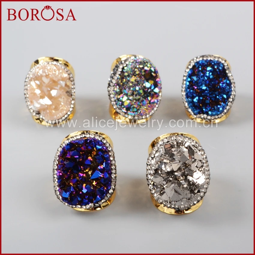 

BOROSA Gold Color Rainbow Crystal Titanium Druzy Rings Paved Zircon Gems Agates Druzy Gold Rings for Women Gifts JAB255