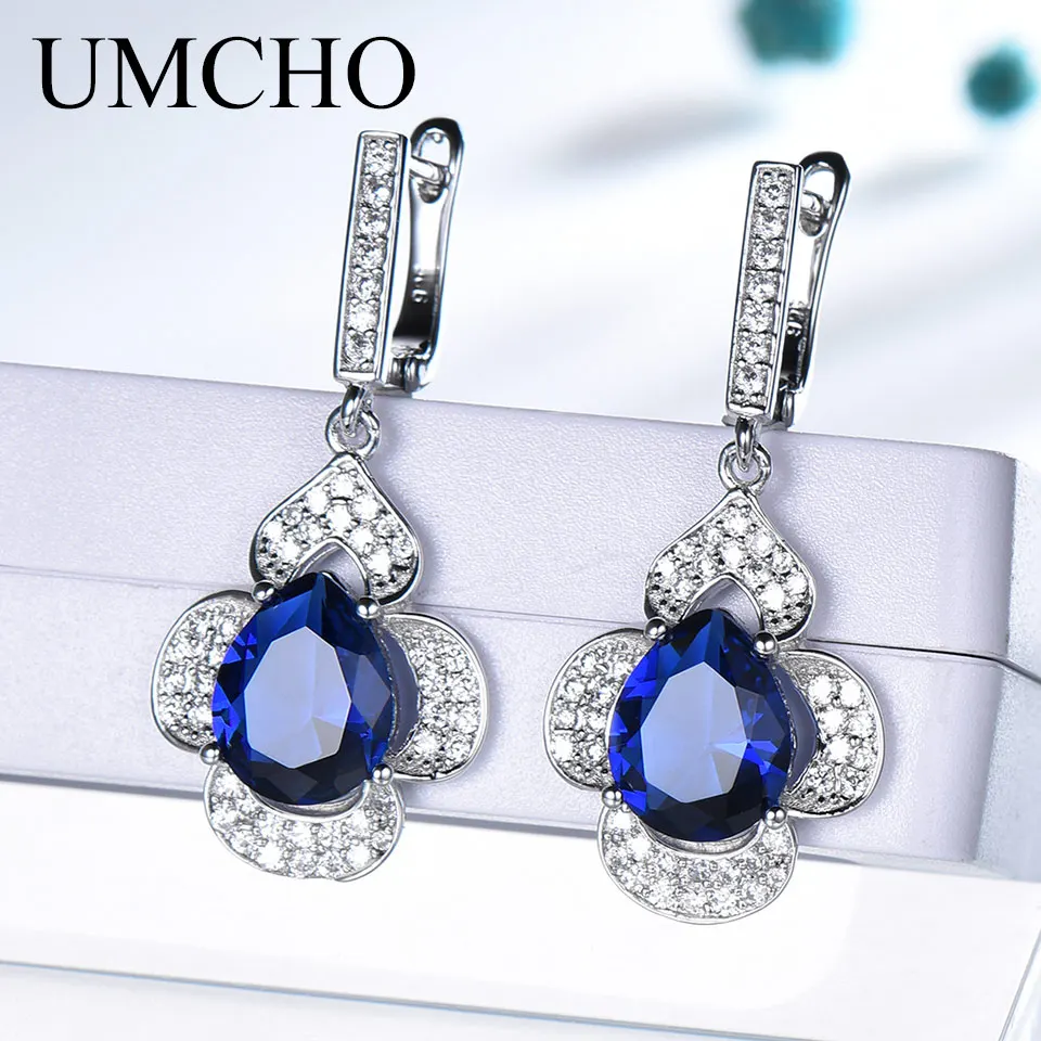 

UMCHO 925 Sterling Silver Clip Earrings Gemstone Created Blue Sapphire Wedding Engagement Earrings For Women Fine Jewelry