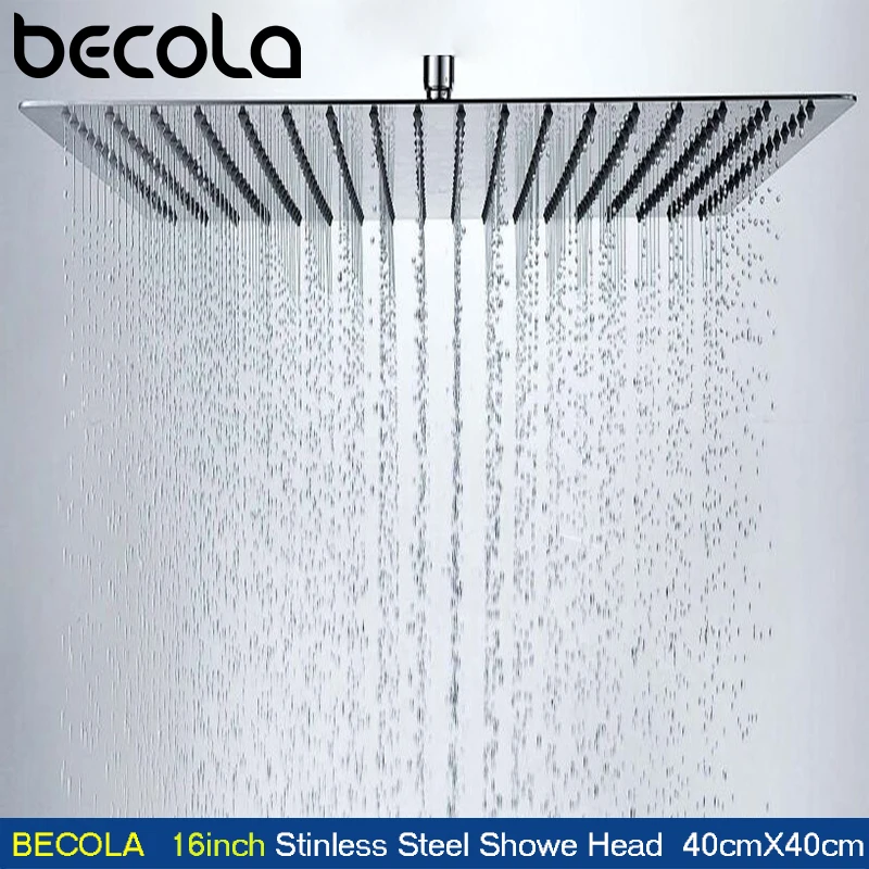 Becola 16Inch 40cmX40cm Square Stainless Steel Ultra-thin Shower Heads Bathroom Square Overhead Rainfall Shower Head CP-1616