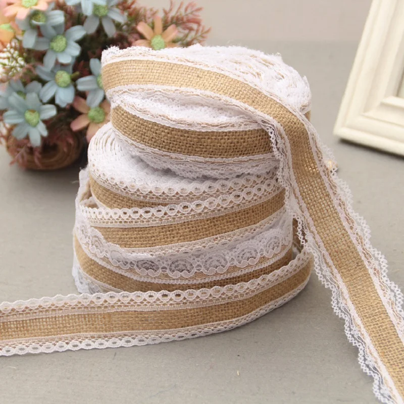 2Meter/Lot 25mm Natural Jute Burlap Hessian Lace Ribbon with White Lace Trim Edge Rustic Vintage Wedding Centerpieces Decor