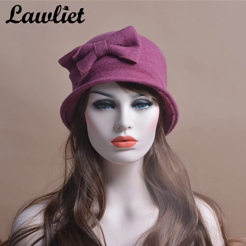 Womens Hats Ladies Cap Nice Bow 100% Wool Hats Crochet Bucket Cloche Beanies Winter Cap Hats T174