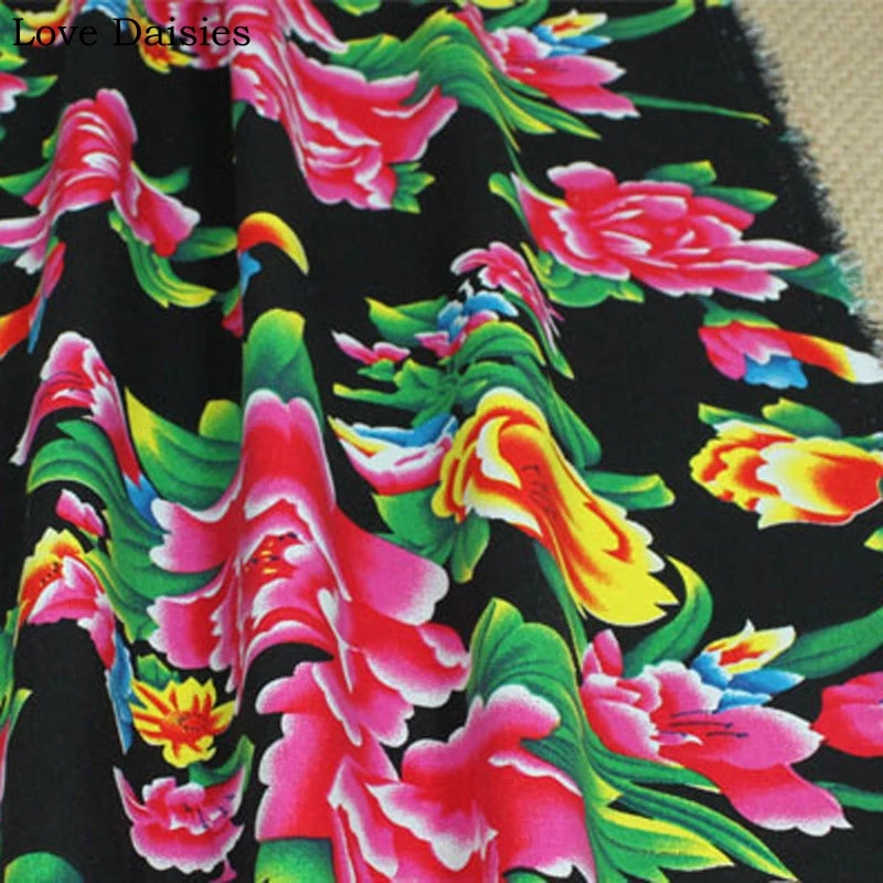 100% Cotton RED BLACK GREEN BLUE Ethnic Chinese Traditional Pony Flowers Fabrics for DIY Apparel Craft Tablecloth Cushion Decor