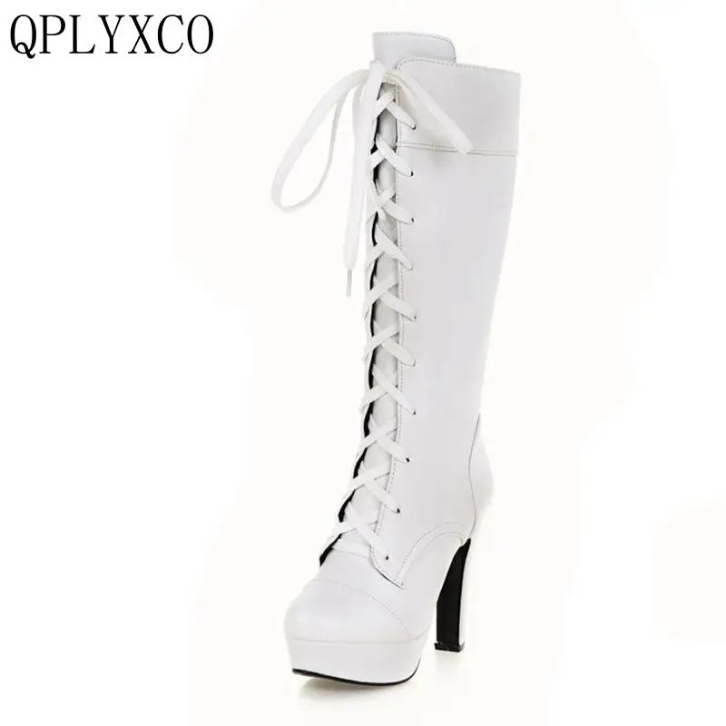 QPLYXCO Plus New fashion small big Size 31-45 Woman Boots Autumn Winter Warm lace up high Heels long Botas Women Shoes M-20