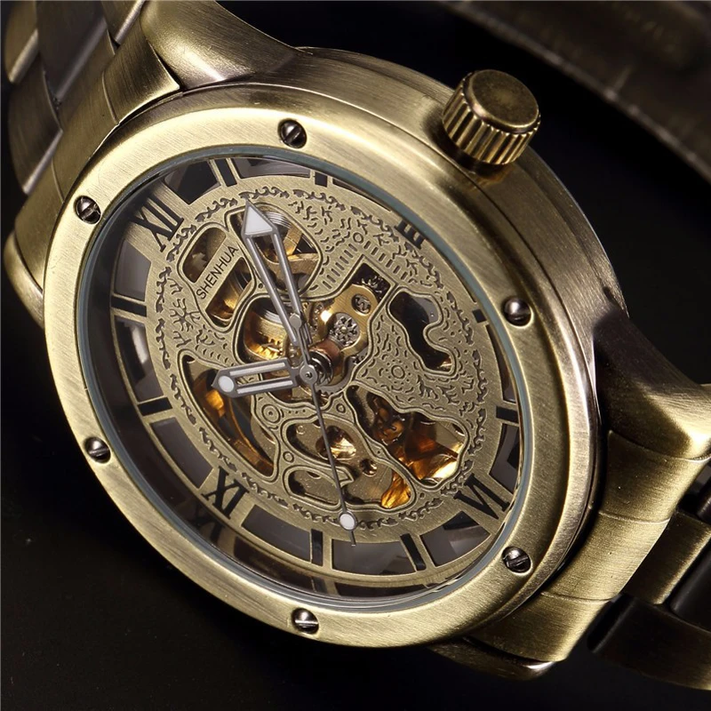 2020 orologi da uomo orologi meccanici di lusso da uomo Shenhua Fashion Vintage Bronze Automatic Mechanical Skeleton Watch Reloj Hombre