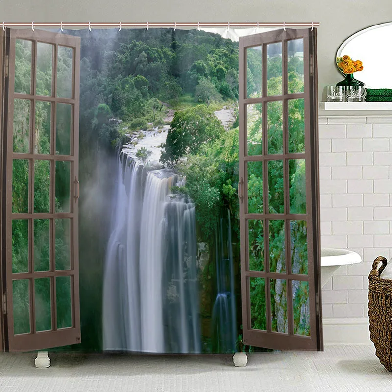 Wide Waterfall Deep Down in The Forest Seen from A City Window Epic Surreal Decorative Shower Curtain Landscape Bathroom Curtain