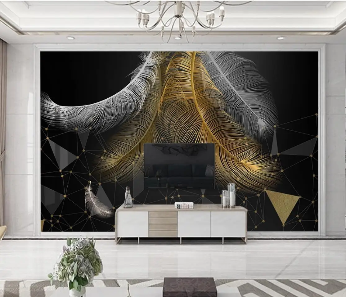 European Geometric Dark Feather Wallpaper with Black Background Wall Mural Photo Printed Wall Paper Roll for Living Room Custom