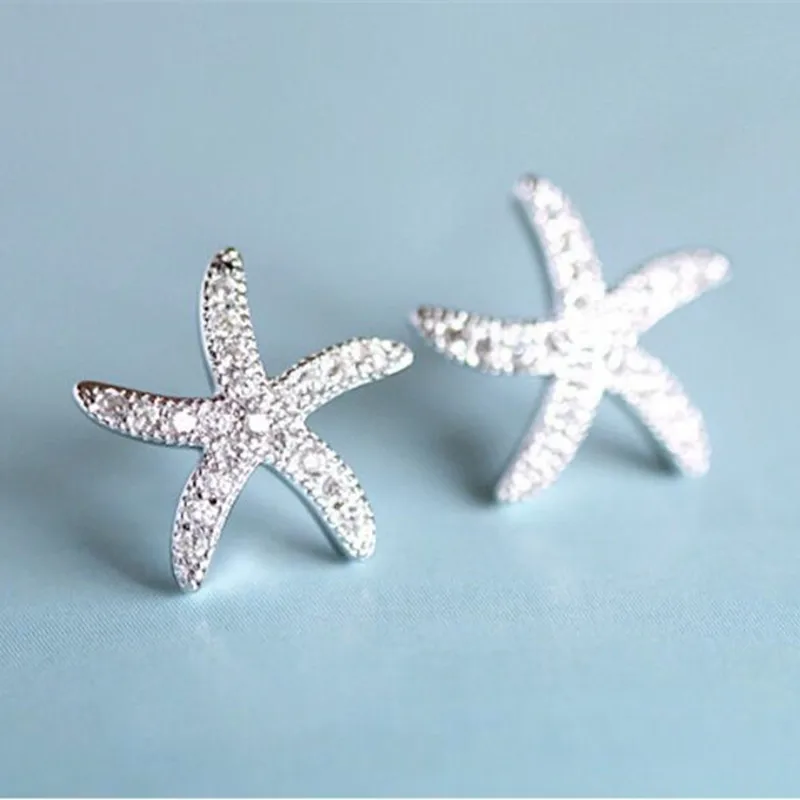 New Fashion Anti-allergic 925 Sterling Silver Jewelry  Micro-embedded Crystal Starfish Personality Exquisite Earrings   E037