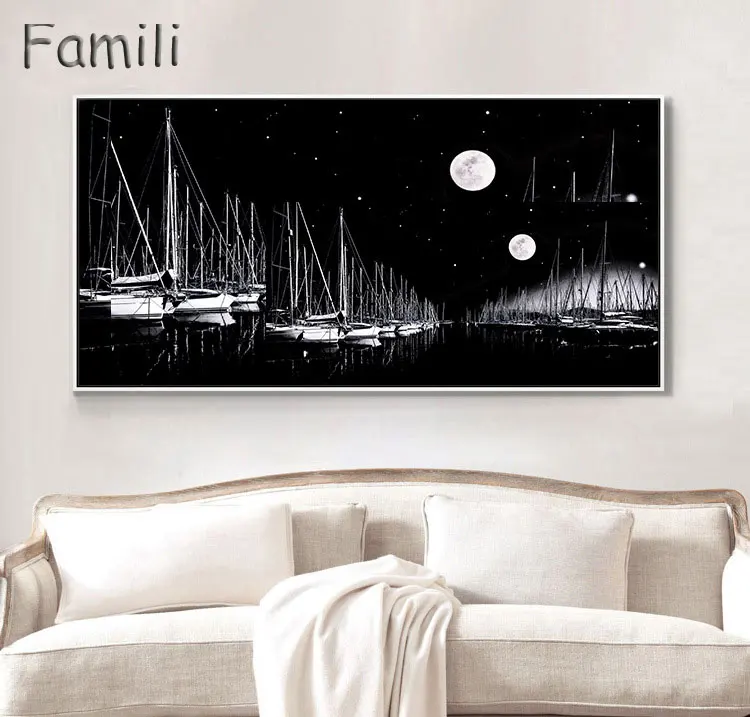 

Painted blue seascape wall painting peaceful Quiet night of harbor canvas picture Boat scenery Home Decor Canvas Painting