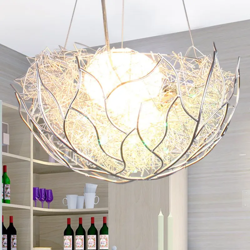 Modern Birds Nest Restaurant Pendant Light Silver Aluminum Glass Eggs Bar Counter Hanging Lamps Dining Room Pendant Lights