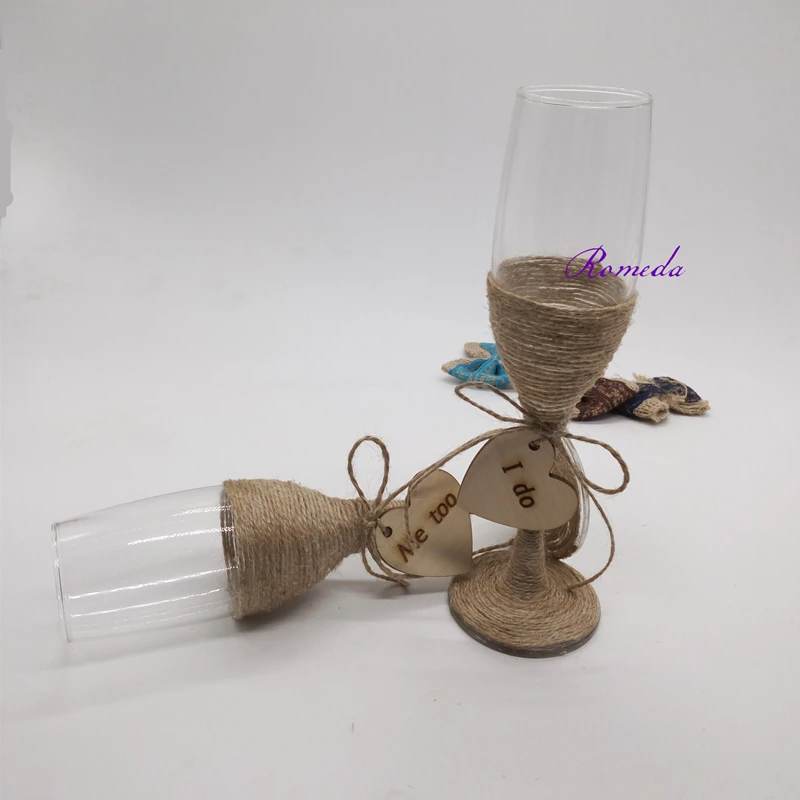 Newest 1Pair/lot Rustic Flutes Burlap jute Wedding Glasses Champagne  Glasses Rustic Toasting Glasses  Me too & I Do Mrs Glasses