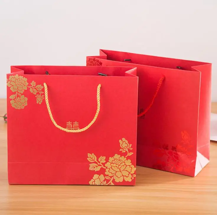 100pcs/lot Red Big Capacity Paper Gift Bag With Handle Festival Jewelry Bags Wedding Birthday Party Gift Package Wrapping SN1670