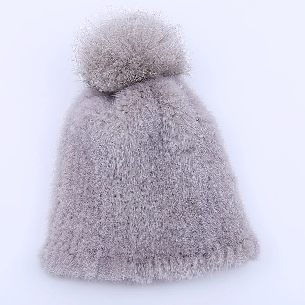 100% real mink fur hat women winter knitted mink fur beanies cap with fox fur pom poms 2017 brand new thick female cap Elastic