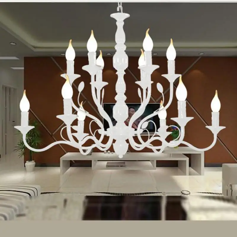 Vintage White Iron Chandeliers Led candle Bar fixtures for dining room Foyer Bedroom hanging Lamp E14 shopcase Led Lampadario