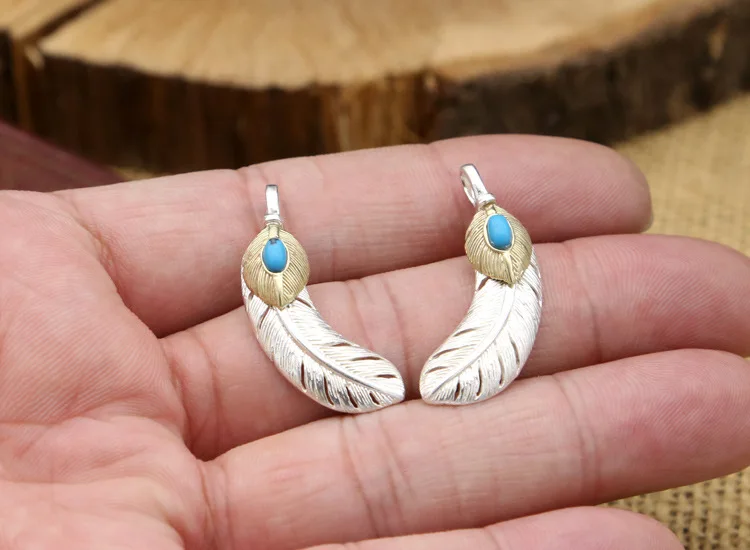MAYONES Retro Thai Silver Vintage Feather Blue Turquoise Couple S925 Sterling Silver Men And Women Pendant