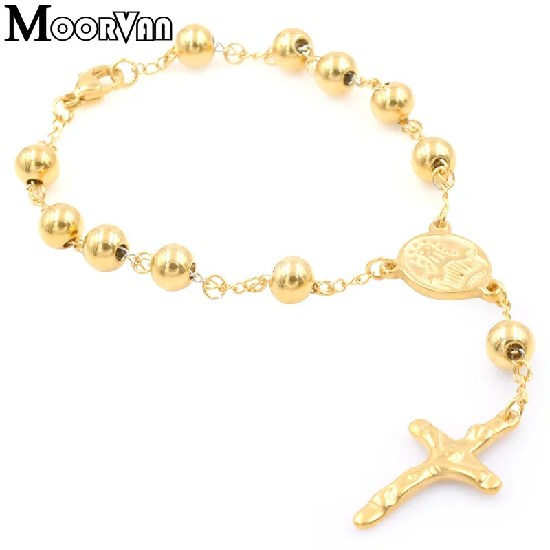 Moorvan 22cm*8mm beads rosary Bracelet For Men,cross Catholic church Stainless steel jewelry classical style,VRN20