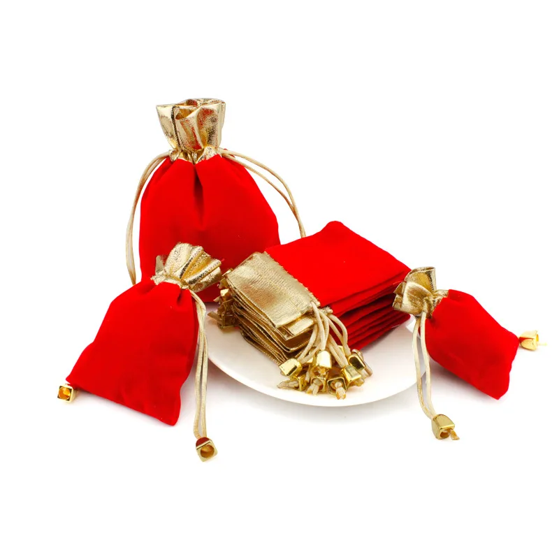 5pcs/lot Multi Size Red+Gold Color Velvet Package Bags 7x9 9x12 12x16cm Organza Drawstring Gift Bags Wedding Jewelry Pouches