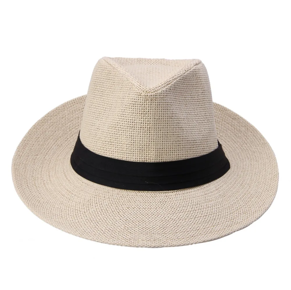 Hot  Fashion Summer Casual Unisex Beach Trilby Large Brim Jazz Sun Hat Panama Hat Paper Straw Women Men Cap With Black  Ribbon